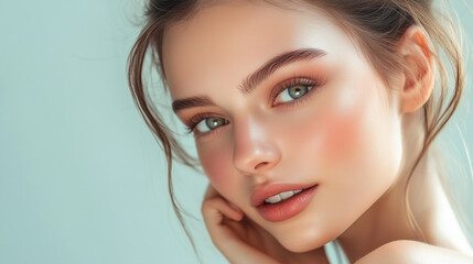 Fototapeta premium A beautiful close-up portrait of a young woman with glowing, flawless skin. The soft lighting highlights her clear complexion, expressive green eyes, and natural makeup, showcasing a serene and confid