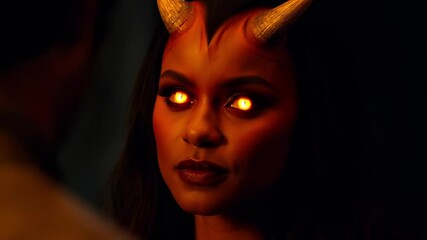 Alluring portrait female Succubus Demon with illuminated yellow eyes and curved horns, sultry Halloween temptress