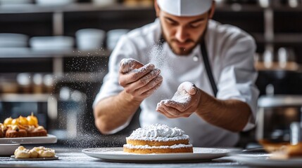 A chef in a professional kitchen garnishing a gourmet dish with fresh herbs, copy space 