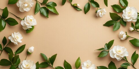 This elegant flat lay features jasmine flowers and green leaves on a soft beige background, ideal for floral design presentations, chic invitations, or captivating naturethemed projects