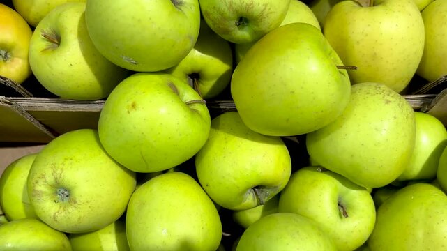 Green apples in top view, tracking shot on apples in cardboard boxes displayed at the store