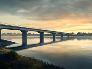 Fototapeta premium Dramatic Bridge Spanning a Serene River at Mesmerizing Sunset