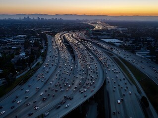 Aerial View of Bustling Highway Interchange During Rush Hour in the City