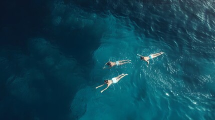 Obraz premium Three people float on their backs in the ocean, a view from above.