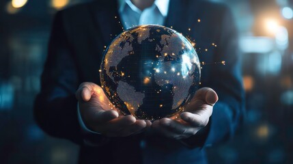 Fototapeta premium A businessman holds a glowing globe in his hands, representing global connection and technology.