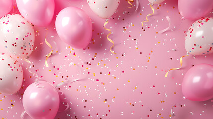 Pink birthday background with balloons, confetti, and streamers; top view.