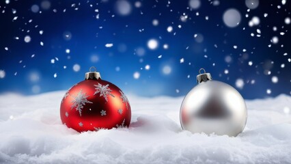 A Christmas photo with two Christmas decorations partially covered in snow. Snowflakes are falling softly, and in the background there is a night sky and a crescent moon. With a place for the text.