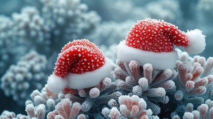 Christmas Santa Claus hats on winter blue background
