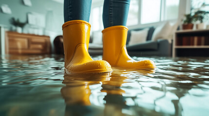 Woman Standing in Flooded Home with Yellow Boots. A close-up shot of a woman standing in a flooded room wearing bright yellow boots.