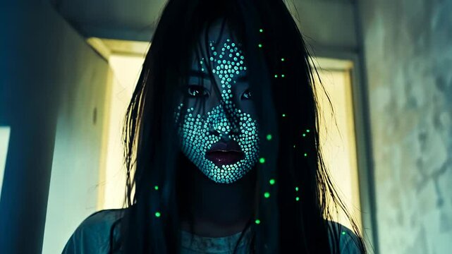 A young Asian woman with long dark hair, beads covering her face and an intense expression. She wears a simple shirt and stands in a dimly lit, distressed setting, suggesting a somber mood.