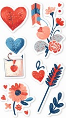 Valentine's Day Stickers with Hearts, Arrows, and Flowers