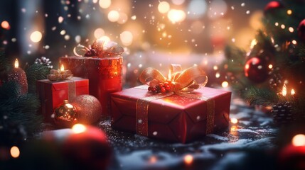 Zauberhafte Weihnachtsmomente: Strahlende Kerzen erhellen ein Bild von perfekt verpackten Weihnachtsgeschenken, eingehÃ¼llt in die warme AtmosphÃ¤re der Feiertage. Besinnliche und festliche Stimmung.