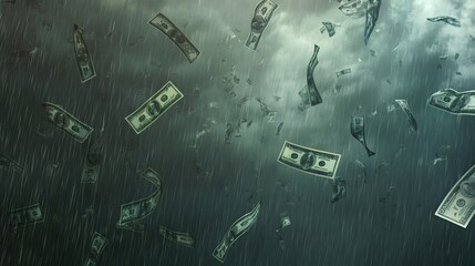 Money falls from the sky like rain in a dark and stormy setting.