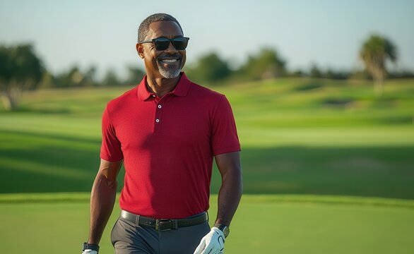 Middle-aged man in red polo shirt enjoying a sunny day on a golf course, displaying confidence and relaxation