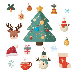Christmas elements with a tree, Santa, gift, and holiday icons for winter decoration
