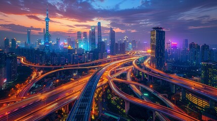 Obraz premium A vibrant and dynamic night cityscape showcasing illuminated roads, bustling skyscrapers, and bright lights