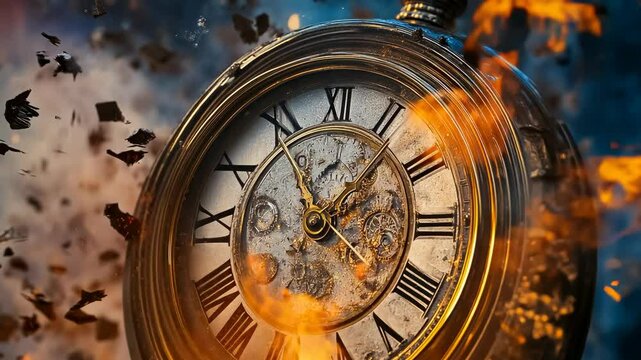 An antique clock with Roman numerals is captured in a dramatic scene with flames and debris flying around it. The image suggests a sense of urgency and chaos, depicted with intense colors and vivid