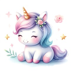 Adorable Kawaii Unicorn with Pastel Colors and Sparkling