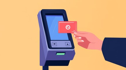 An illustration depicting a hand holding a contactless card near a payment terminal, showcasing modern digital payment technology in a minimalist style.