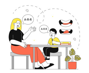 Speech therapist with boy. Woman teaches child to talk. Education and training, practice. Improving of articulation and communication skillls. Linear vector illustration