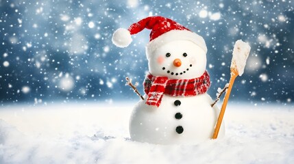 Fototapeta premium Smiling snowman with red hat and scarf in snowy winter scene.