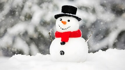 Fototapeta premium A cheerful snowman with a black top hat and red scarf stands in a snowy landscape.