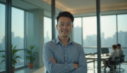 Confident professional japanese man impressing during job interview in modern office with city skyline views