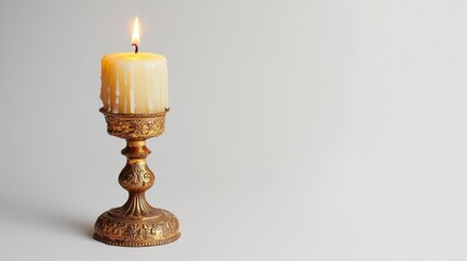 A detailed close-up of an antique candlestick holder, crafted in ornate brass with a softly dripping candle, isolated on transparent, evoking a sense of historical ambiance