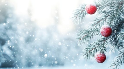 A high-key image of a winter wonderland scene, fir branches with red balls captured in soft focus, the background snowy and bright, broad space on the left for promotional text. transparent background