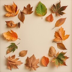 Obraz premium sharp photo depicting a flat lay arrangement of fall autumn leaves forming a frame a pastel beige