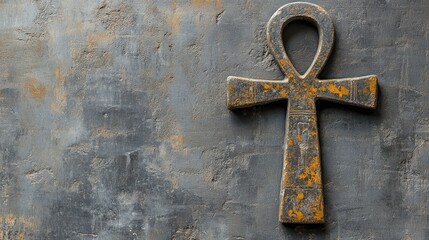 A preserved, ancient Egyptian ankh symbol, with worn edges and visible signs of aging, isolated on a minimalistic background