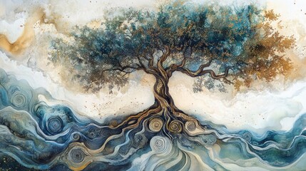 Watercolor painting of a large tree with swirling roots and branches against a light background.