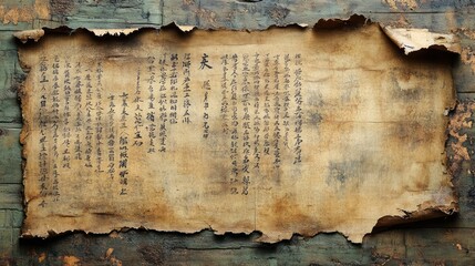 A rustic, ancient Chinese scroll, with faded calligraphy and a torn edge, isolated on a subtle, textured background for emphasis.