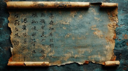 A rustic, ancient Chinese scroll, with faded calligraphy and a torn edge, isolated on a subtle, textured background for emphasis.