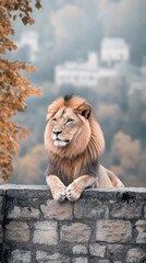 Obraz premium A lion lounges on a stone wall of an ancient castle, gazing over a charming town surrounded by lush, rolling hills under a clear blue sky