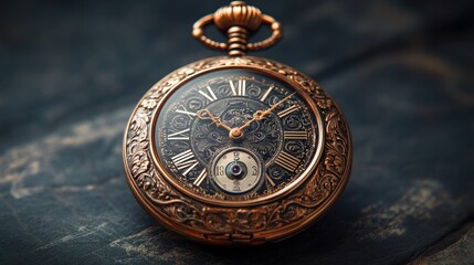 A sharp, high-res photo of a vintage pocket watch, isolated on a dark background, with detailed engravings and visible clock hands