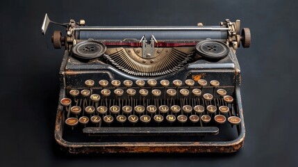 A vintage typewriter with round keys and a metal frame, the paper roller exposed, symbolizing classic literature and communication, isolated on transparent