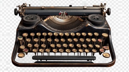 A vintage typewriter with round keys and a metal frame, the paper roller exposed, symbolizing classic literature and communication, isolated on transparent