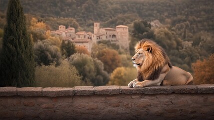 A lion lounges on a stone wall of an ancient castle, gazing over a charming town surrounded by lush, rolling hills under a clear blue sky