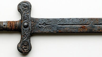 A weathered medieval sword, featuring intricate hilt designs and a slightly rusted blade, isolated against a clean white background