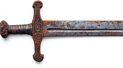 A weathered medieval sword, featuring intricate hilt designs and a slightly rusted blade, isolated against a clean white background