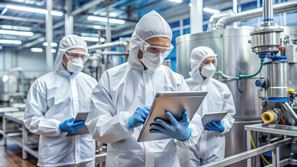 industrial scientists wearing disposable protective suits, masks and goggles at production plant. specialist using tablet computer, analyzing potential work hazards and contamination at a workplace