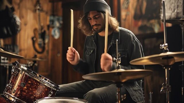 This drummer immersed in music, focused on his craft in a cozy, wooden studio.