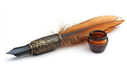 An elegant antique quill pen with a feathered shaft, resting beside an inkwell, meticulously crafted with intricate patterns, set against a transparent background