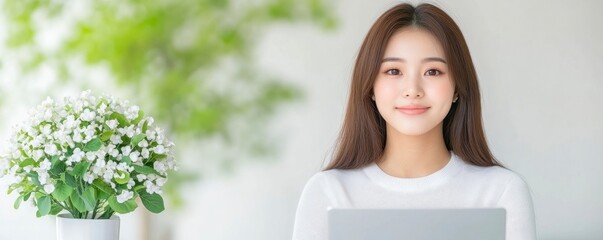 Fototapeta premium An Asian adolescent woman is seated in a white office using a laptop,she is a home-based university student studying online under the notion of online web education.