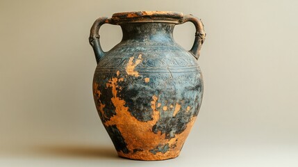 An isolated ancient Roman amphora, with detailed engravings, cracked surface, and remnants of its original paint, placed on a neutral background