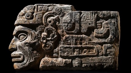 An isolated Aztec stone carving, featuring detailed glyphs and a weathered surface, set against a dark background to enhance its ancient appearance.