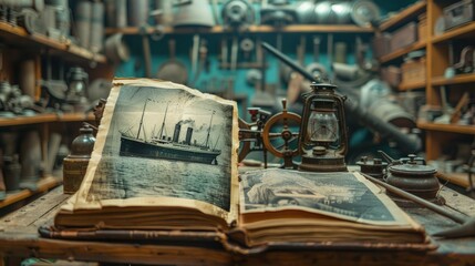An old book with a photo of a ship on the ocean. On the table is a ship's wheel, lantern, and other antique objects.