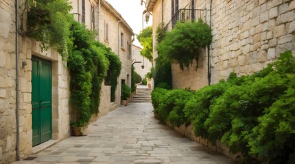 Fototapeta premium View of the street passage in the Croatian island of Krk's old town.May 2015, Saint Paul de Vence, France: Wide-open aperture view of a lovely green fence against the old house's wall in the late even