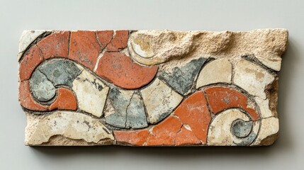 An isolated fragment of Roman mosaic tile, featuring a partial design with earthy colors and worn edges, placed on a neutral background